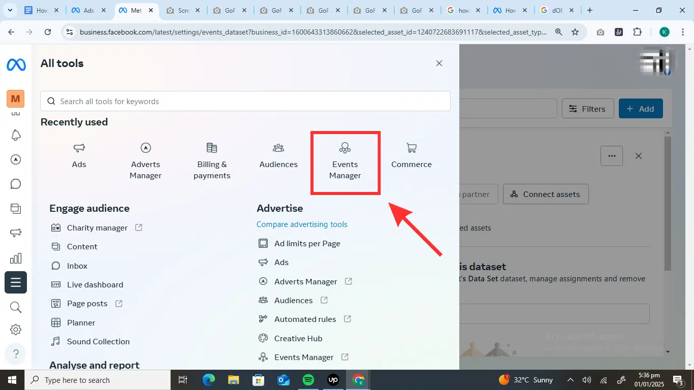 Select “Events Manager” and click “Data Sources.” Now, scroll down to the “Gather website events from browser activity” tab and select “Set up Meta Pixel.”