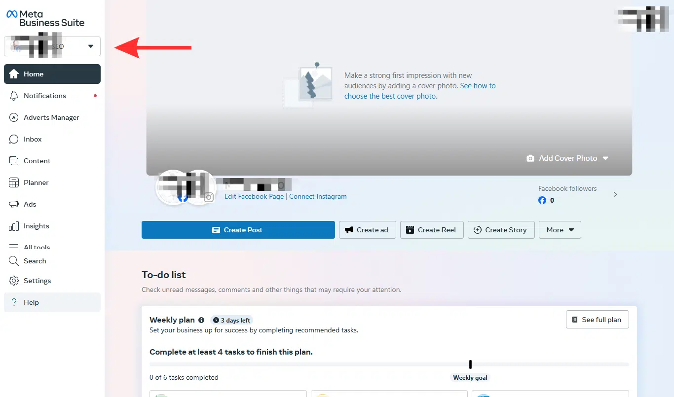 Meta Business Suite on desktop browser and click the drop-down menu at top left. 