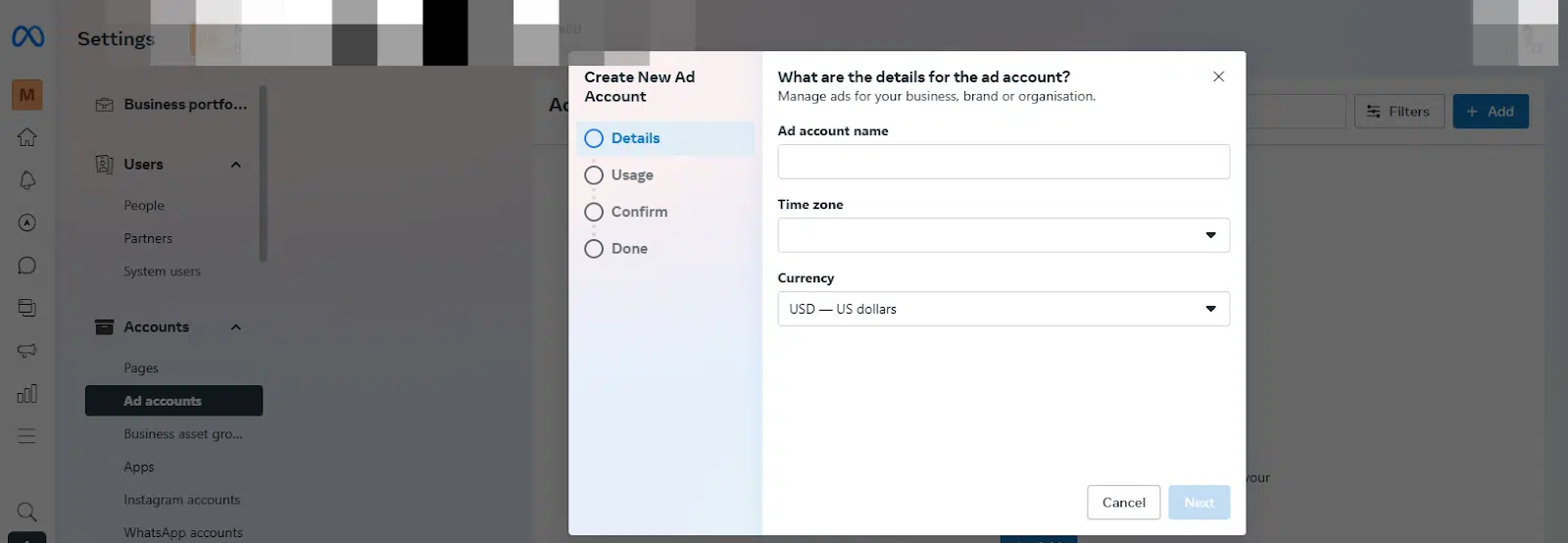 Creat New Ad window where you can enter your ad account name, time zone, and currency. 
