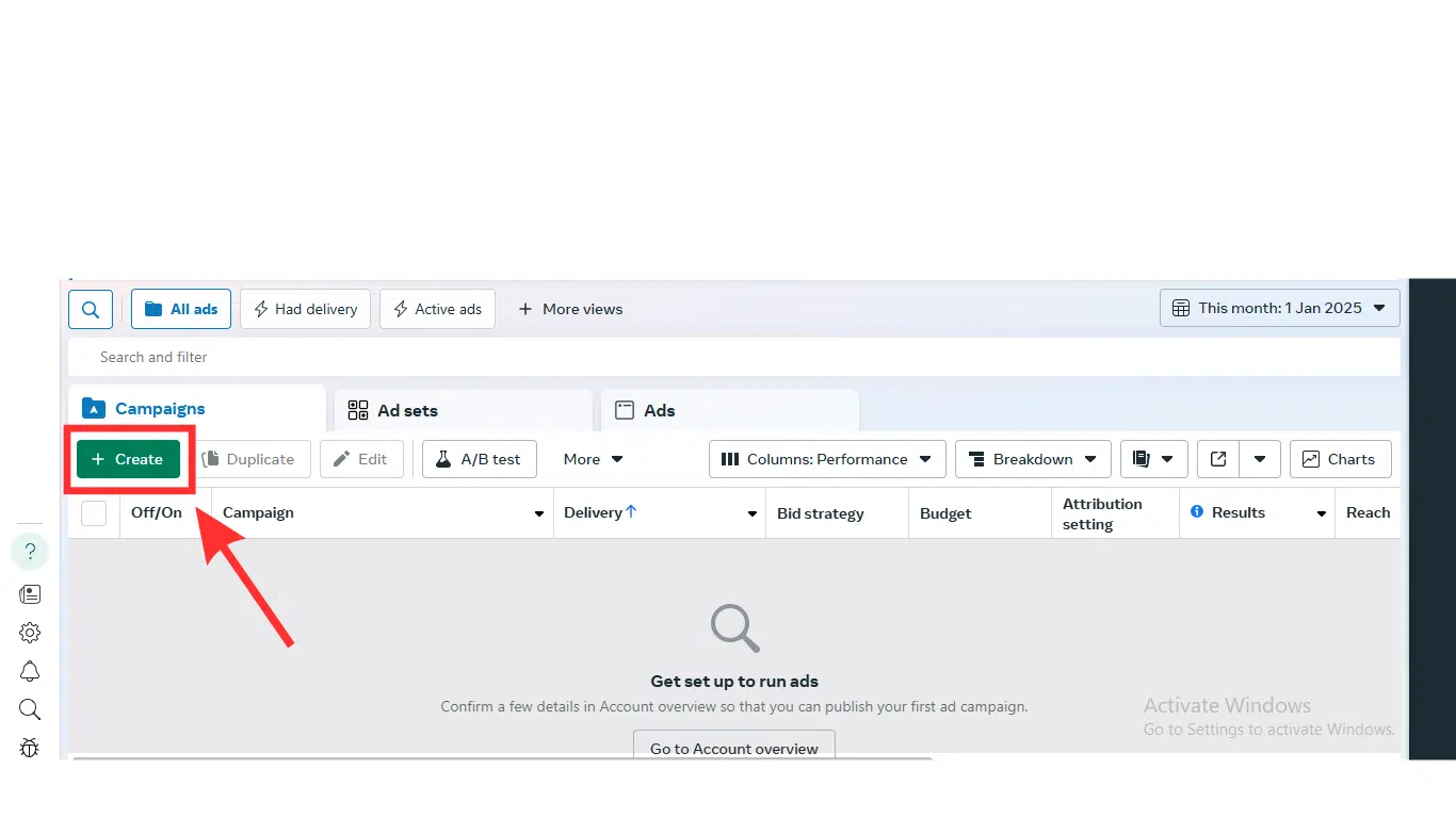 Click the “+Create” button,  choose a campaign objective, and then click “Next.” 