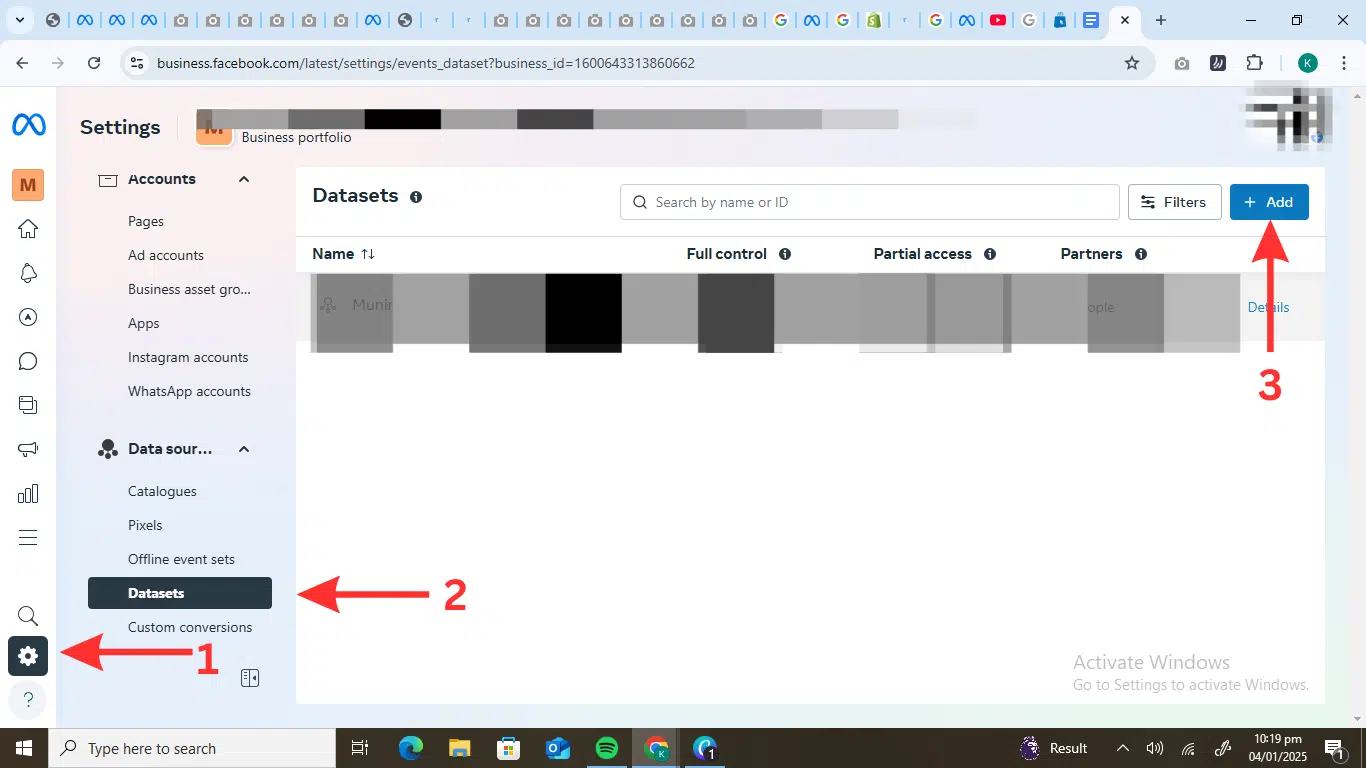 To add pixel to your business portfolio. Go to "settings", click on "data sources" tab, then select "datasets", then click "+Add". 
