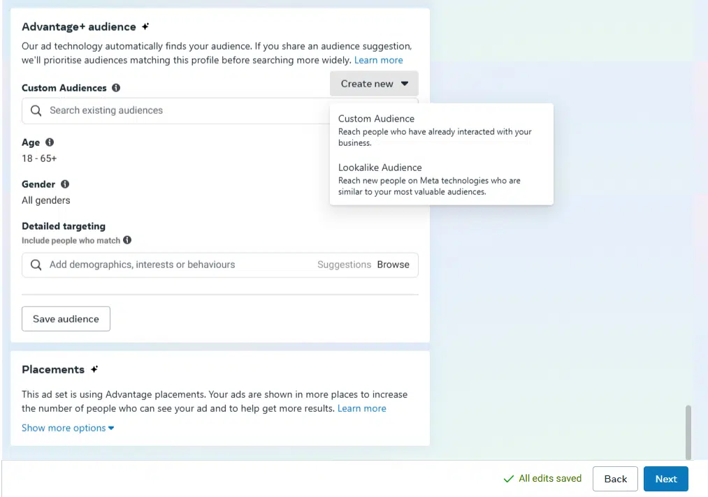 To create a custom audience, you want to click the “Create new” drop-down menu, which is located in the “Custom Audiences” section. 