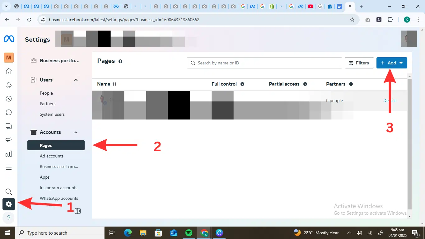 Connecting your Facebook page to your Meta Business portfolio. Click +Add on top right corner.  