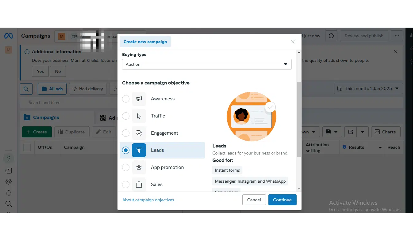 Create a new campaign. Set your campaign objective. 