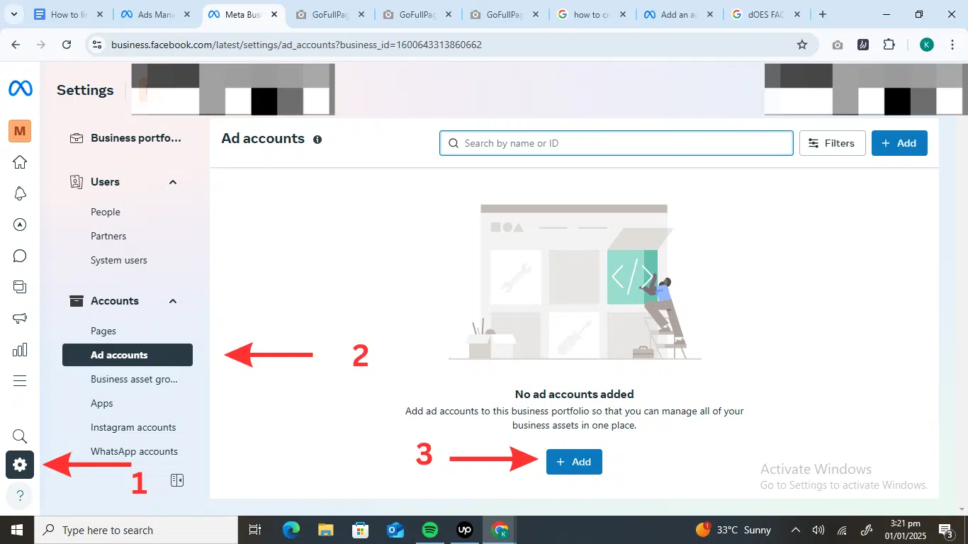 Create an ad account but going to "settings" and click "ad account", then click "+Add" button. 