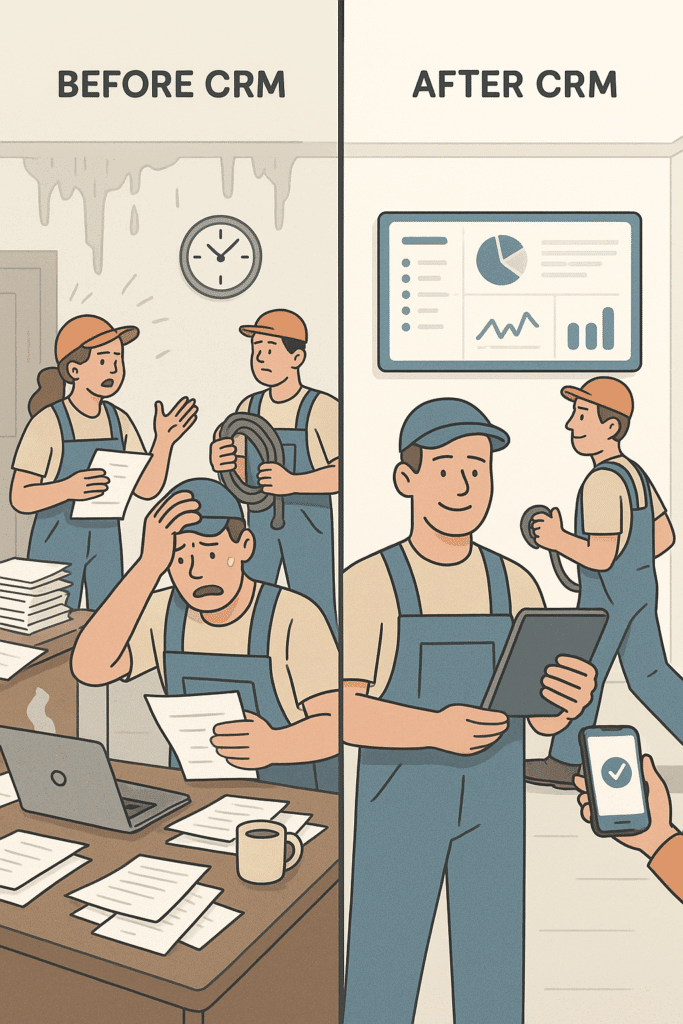 Before/after transformation of chaotic vs. streamlined restoration business with CRM