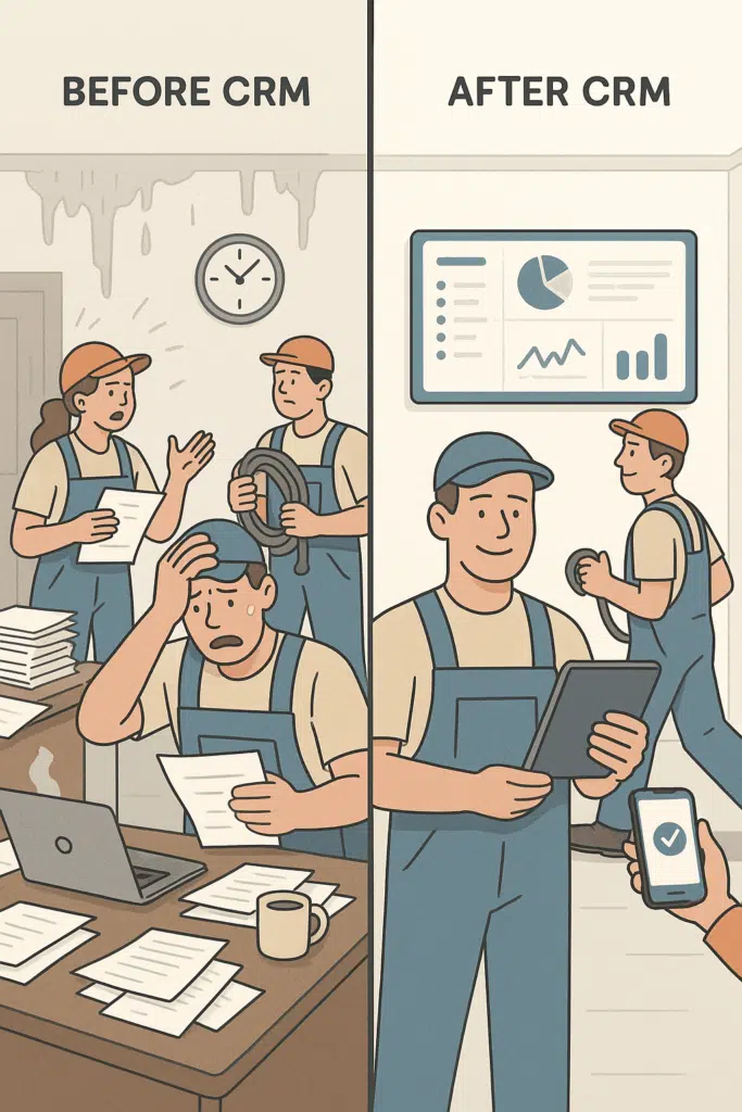 Before/after transformation of chaotic vs. streamlined restoration business with CRM
