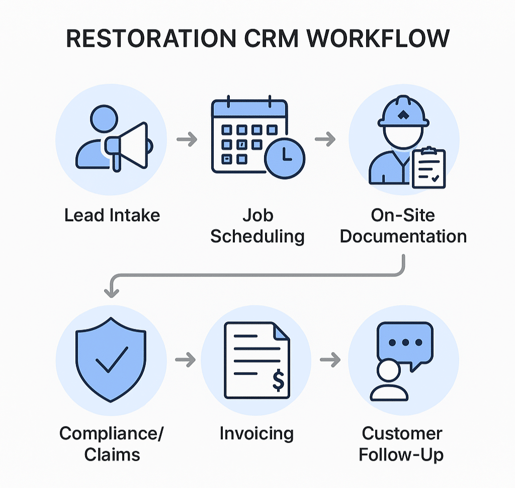 Diagram of a restoration job workflow powered by CRM tools