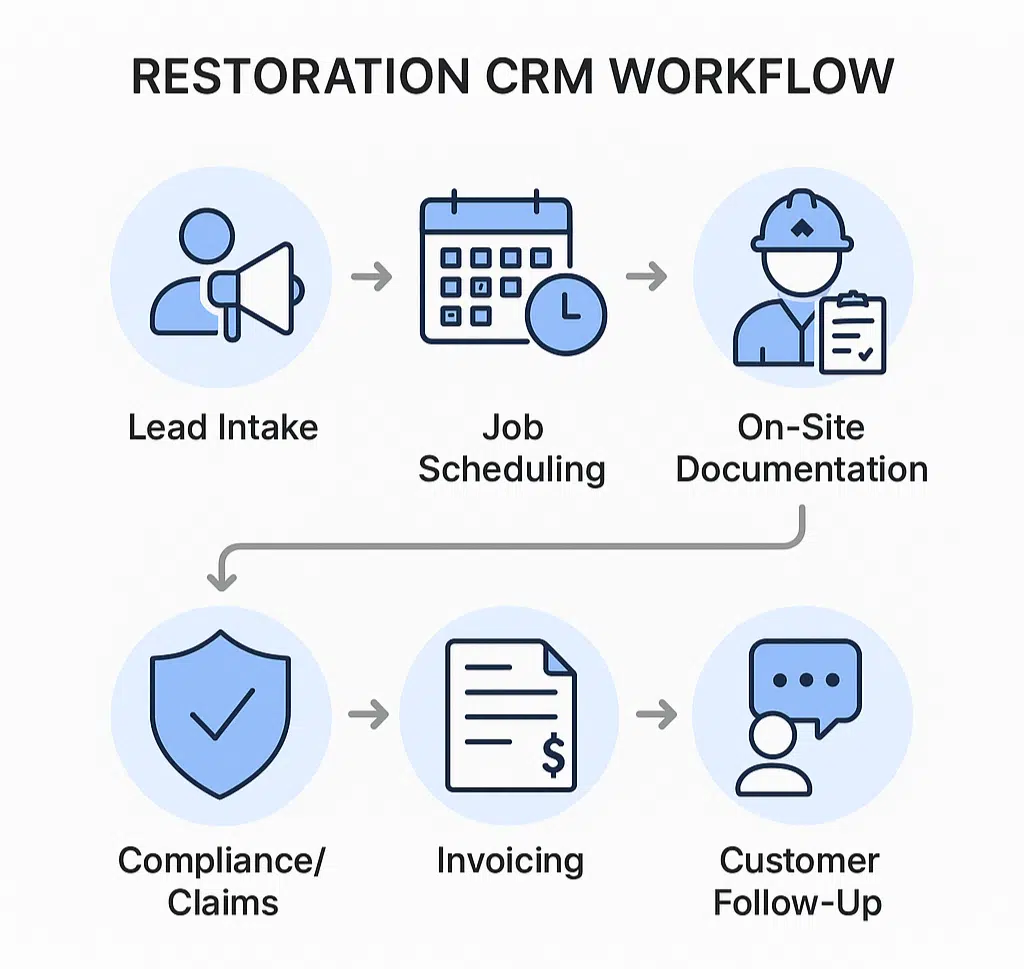 Diagram of a restoration job workflow powered by CRM tools