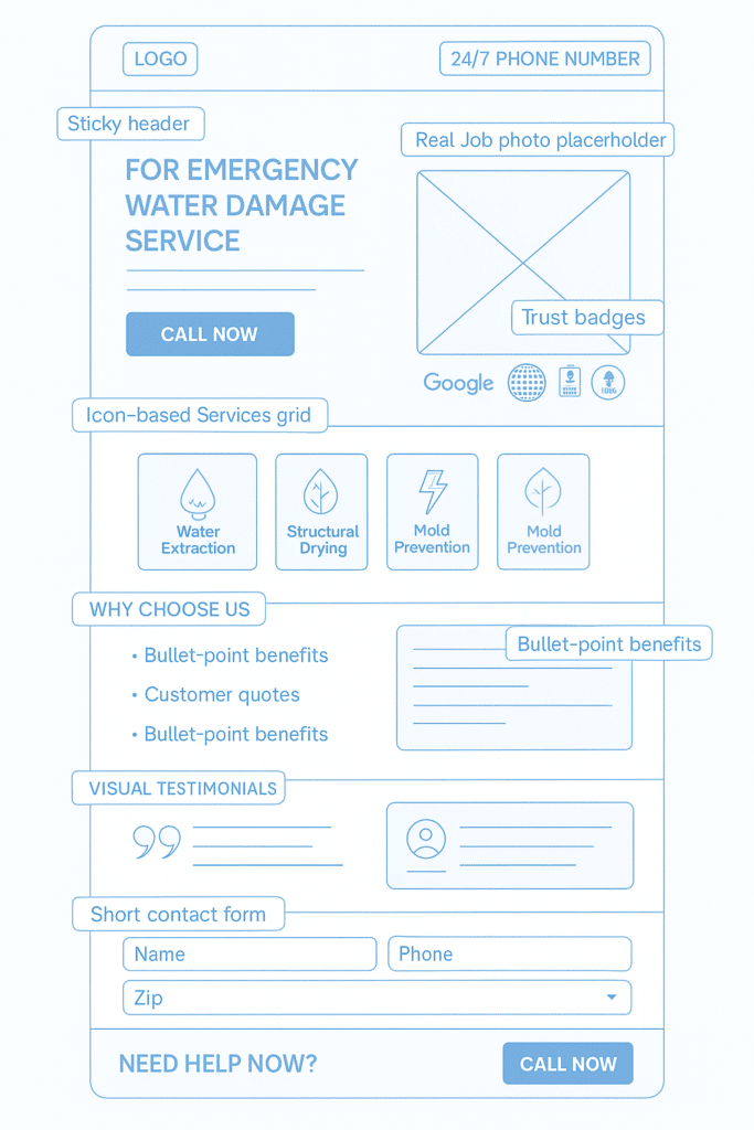 Annotated wireframe of ideal restoration landing page