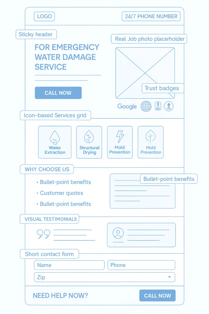 Annotated wireframe of ideal restoration landing page