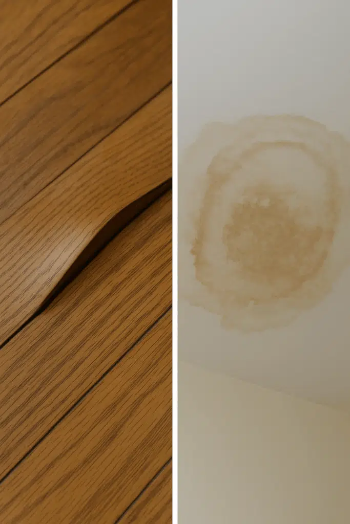close-ups - ceiling stain, buckled hardwood plank