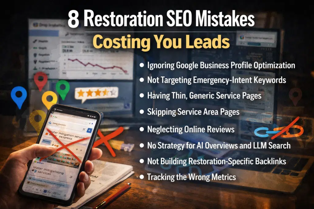 8 restoration SEO mistakes costing leads with list of key issues like GBP, keywords, and reviews