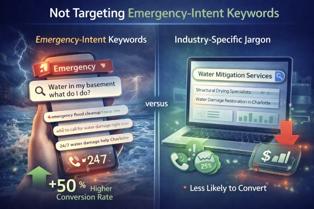 Not targeting emergency-intent keywords vs industry jargon in restoration SEO