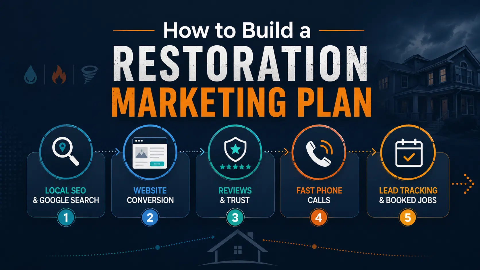 Restoration marketing plan with SEO, reviews, calls, and lead tracking